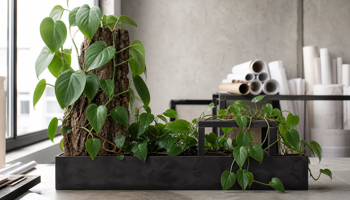 One Heartleaf Philodendron crown sends a broader climbing stem over wire and a smaller-leaved vine downward
