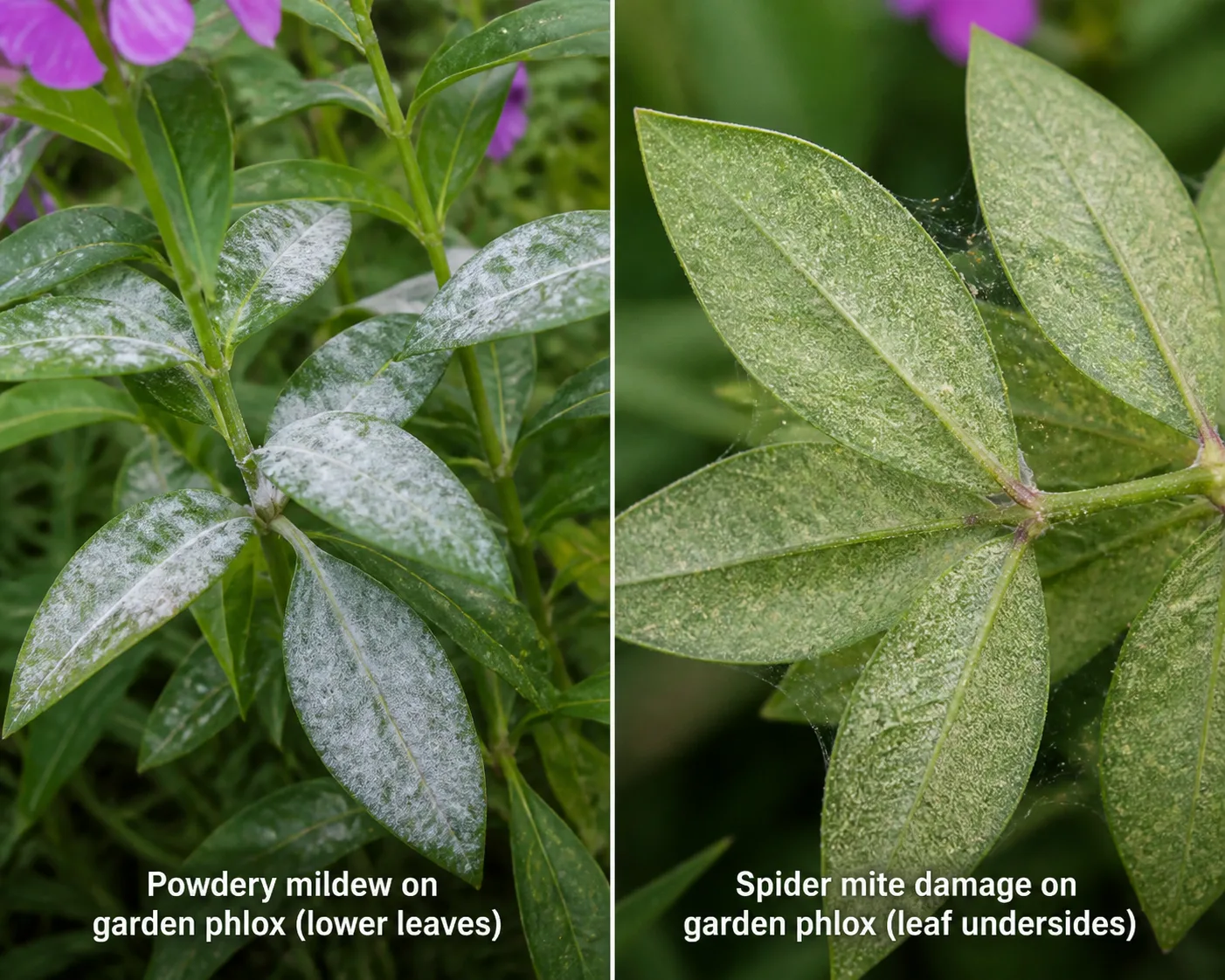 Side-by-side comparison of garden phlox leaves showing a white talc-like powdery mildew coating on the left versus fine pale stippling and faint webbing from spider mites on the right