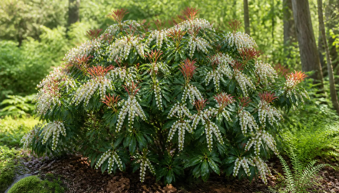 Pieris shrub with red new leaves and drooping white spring flower chains in partial shade