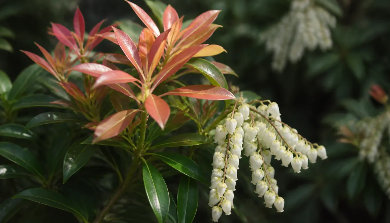 Close view of Pieris japonica flower chains and red-tinted new growth above glossy leaves