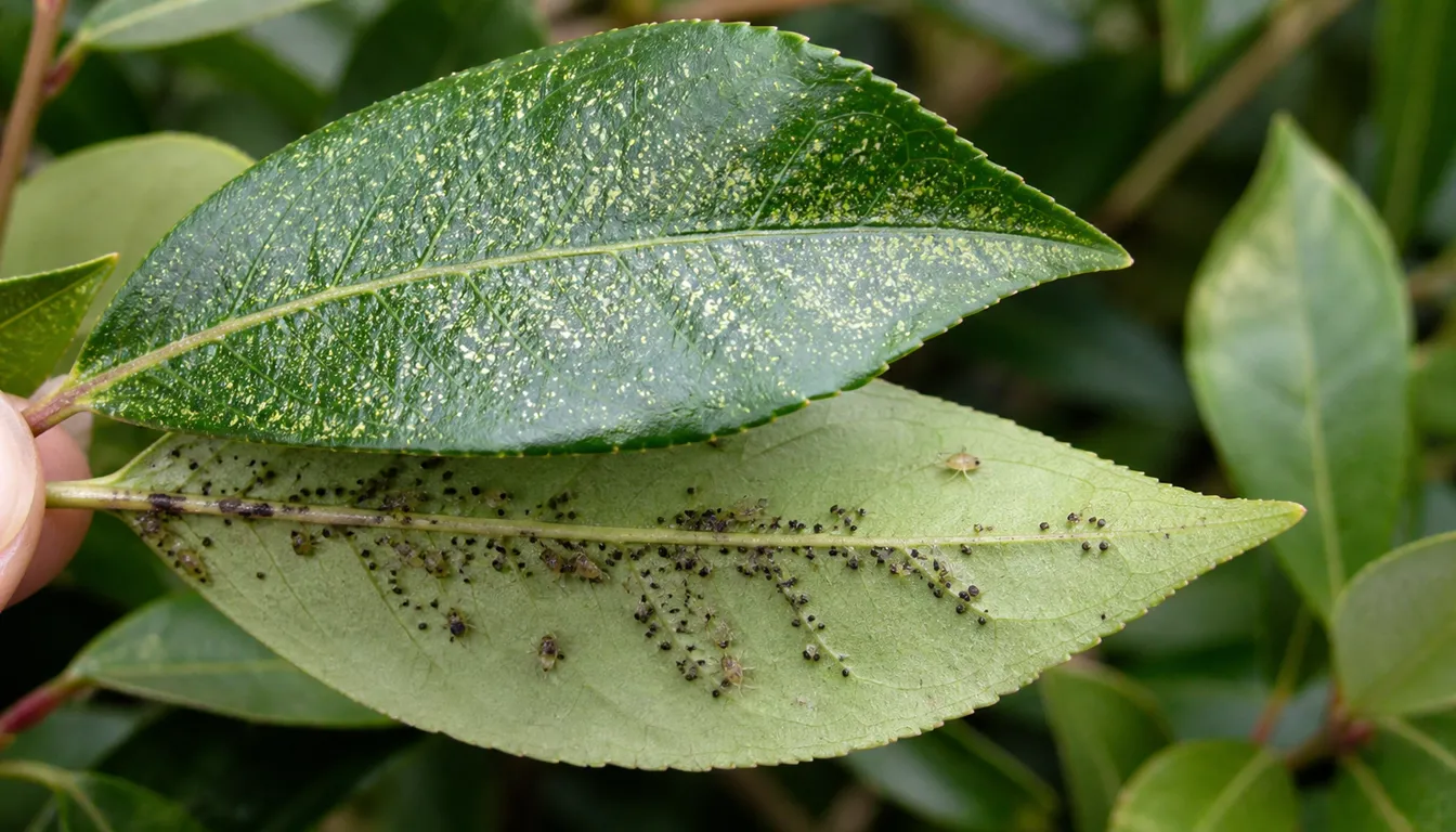 Pieris leaf undersides with lace bugs and pale stippling on the upper leaf surface