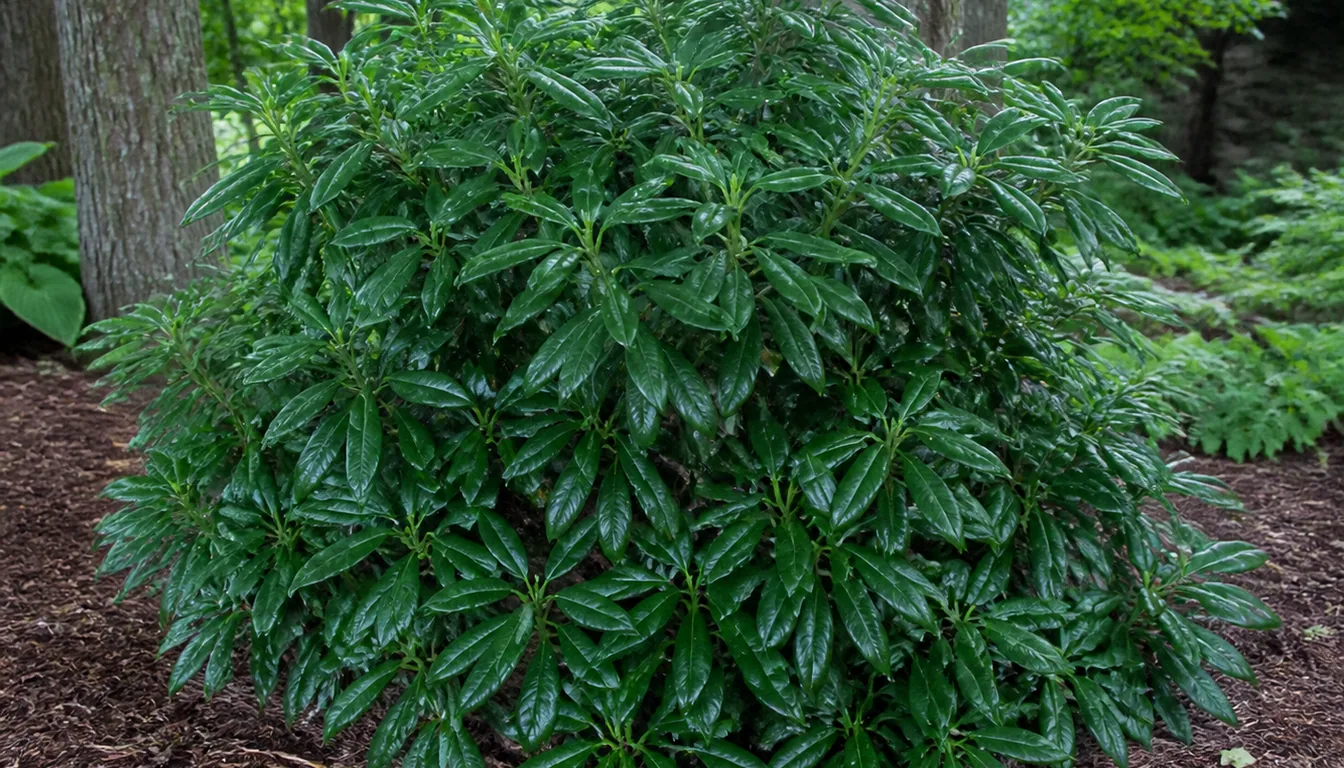 A mature Pieris japonica in a shaded woodland bed in midsummer, a rounded shrub of plain dark glossy evergreen leaves with no red new growth and no flower chains