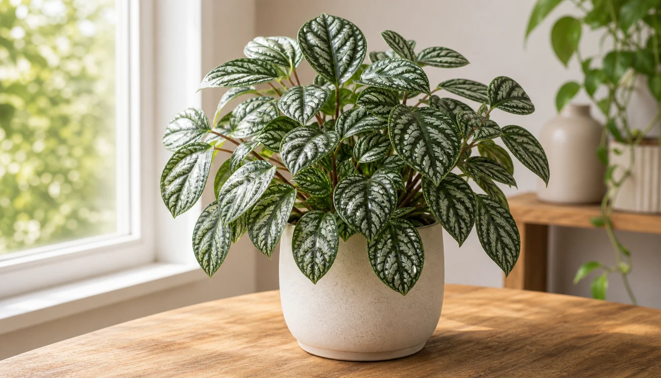 Dense Pilea cadierei canopy with raised silver patches between dark green leaf veins