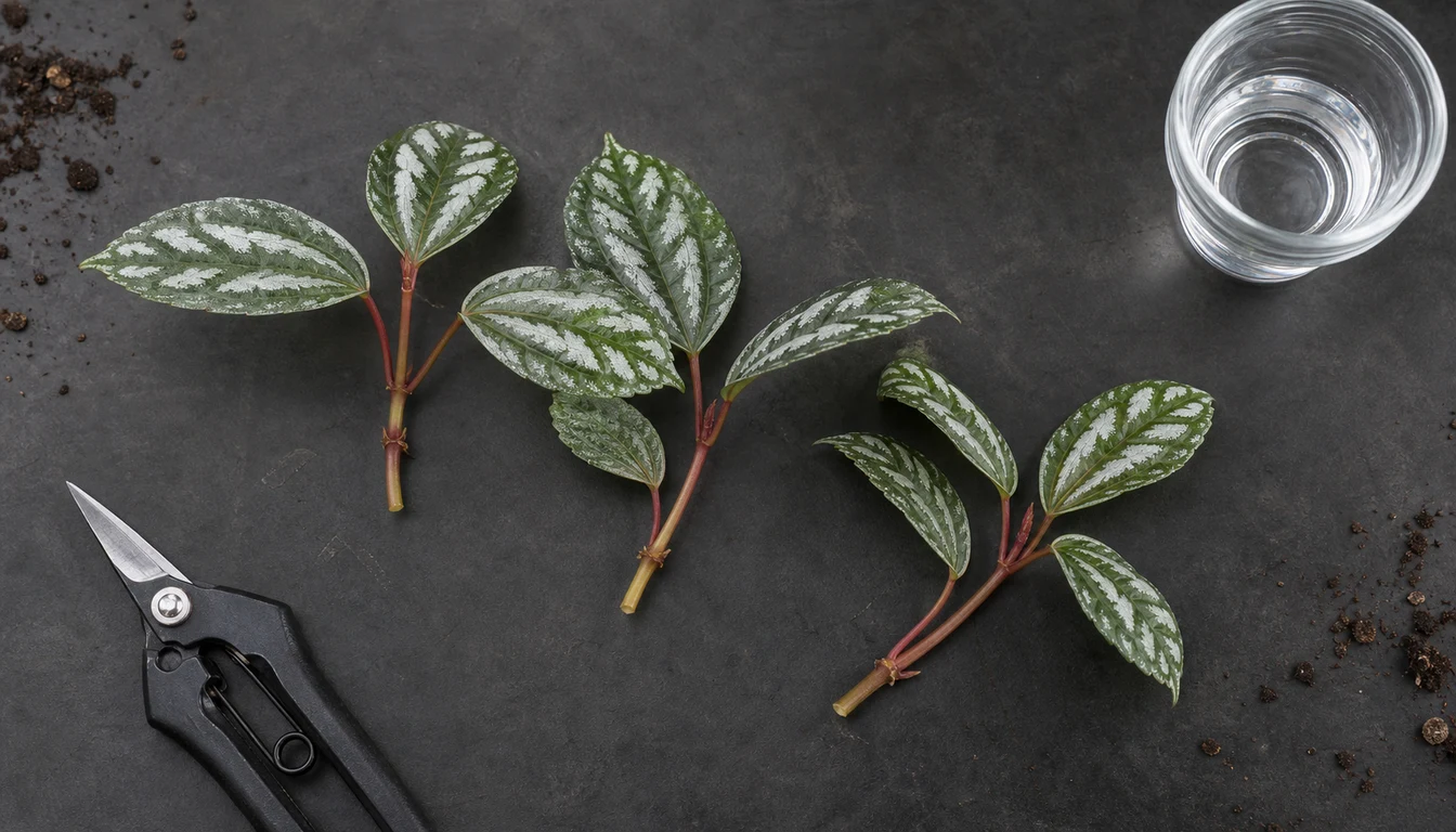 Three Pilea cadierei tip cuttings with exposed nodes beside pruning snips and a water glass