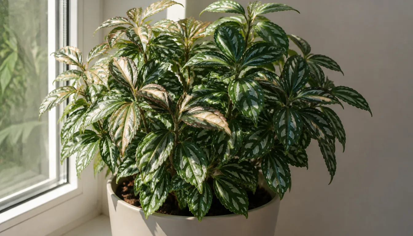 A bushy aluminum plant beside a bright window where the leaves on the window side carry pale bleached tan patches while the leaves on the shaded side of the same plant stay dark green with crisp silver rows