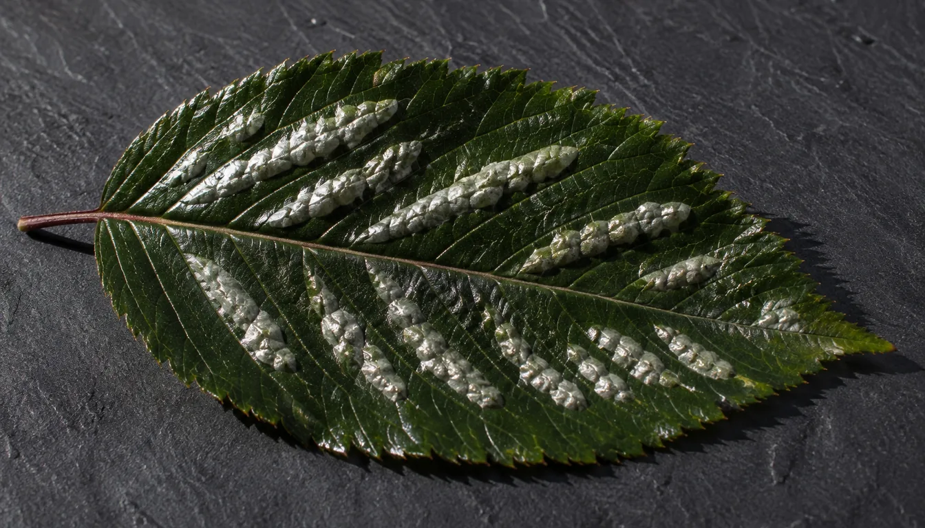 One dark green aluminum plant leaf on dark slate under low raking light, its four broken rows of silver patches standing up as raised blistered tissue casting small shadows, with a finely toothed leaf edge