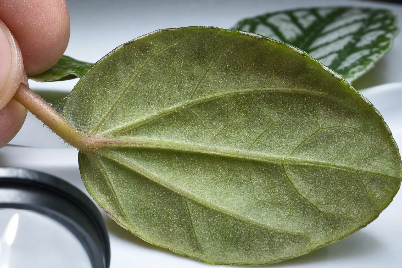 Fine pale stippling and sparse web strands on the underside of a Pilea cadierei leaf beside a hand lens