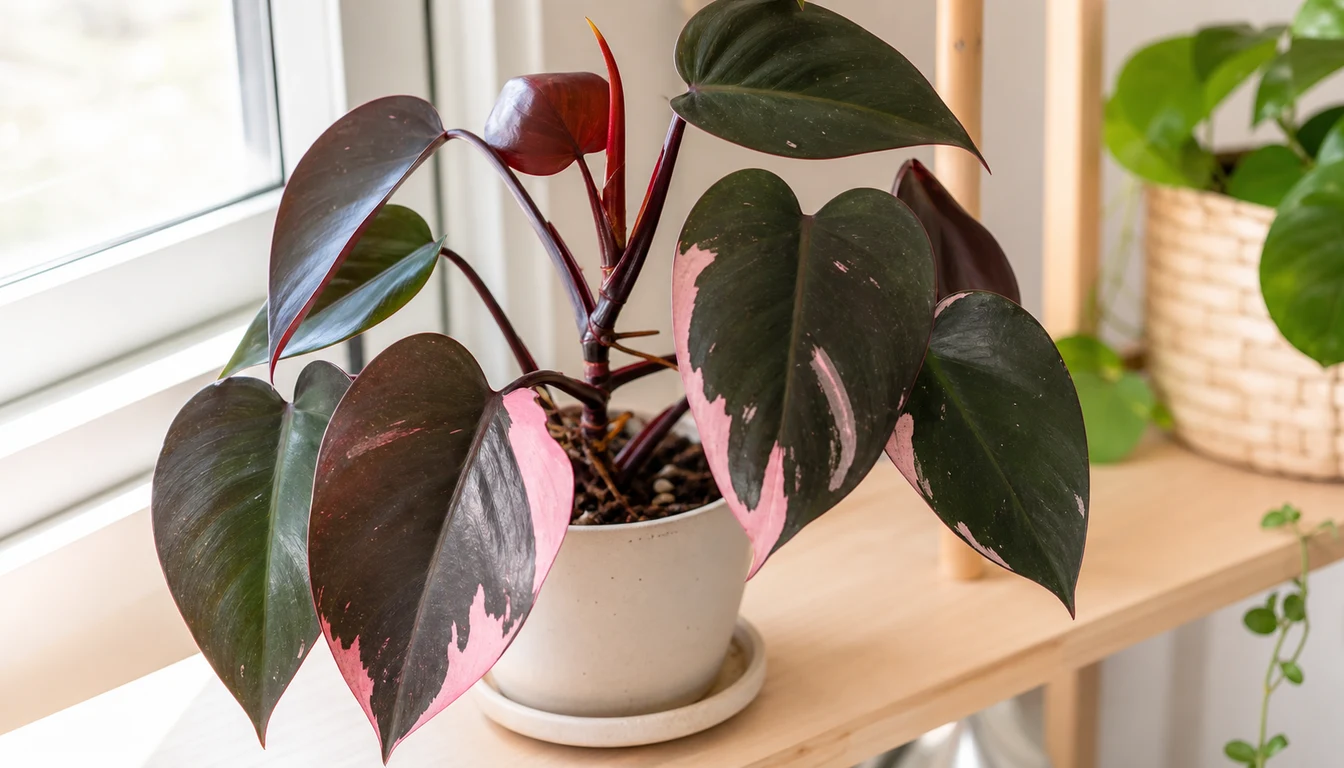 Pink Princess Philodendron in a pot with dark heart-shaped leaves and pink variegation