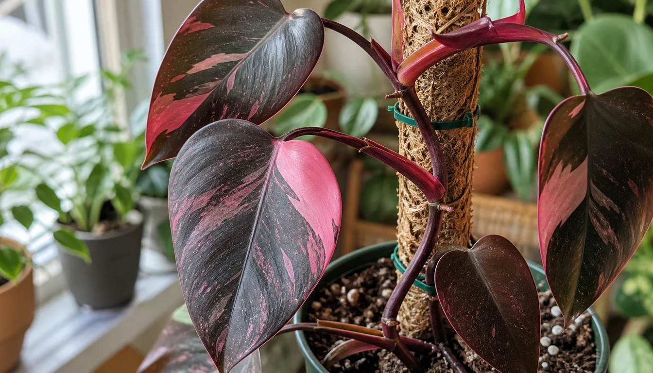 Close view of Pink Princess Philodendron leaf variegation and climbing node