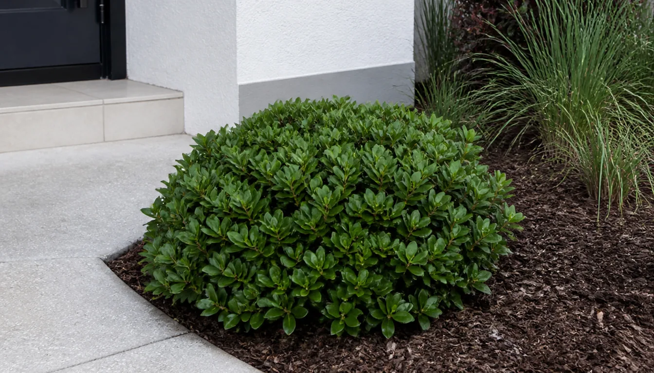 A dwarf pittosporum forming a knee-high mound of small glossy leaves in a narrow bed beside a doorway