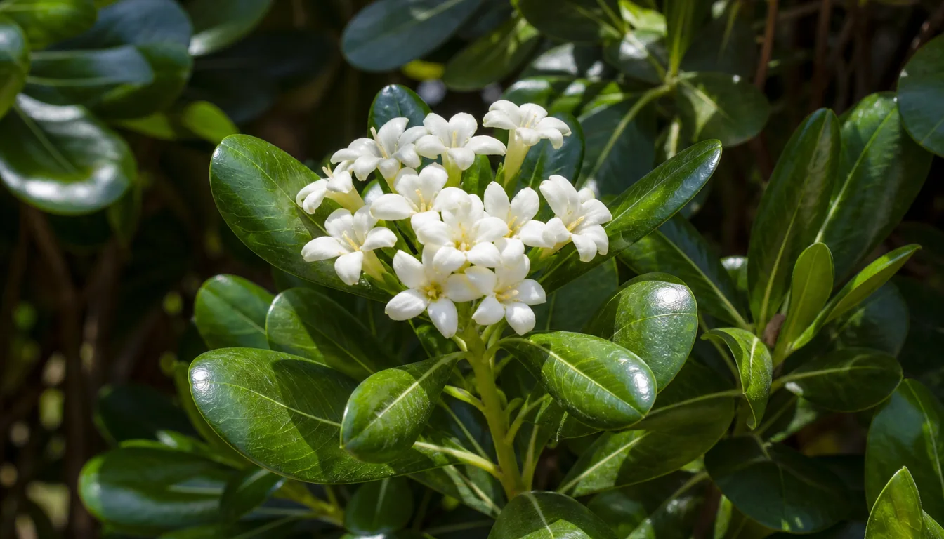 Creamy white Pittosporum tobira flowers opening among glossy spoon-shaped evergreen leaves