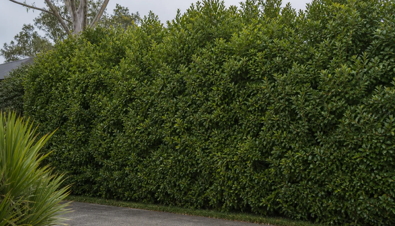 A full-size pittosporum grown as a tall broad privacy mass, leafy right down to the base along a boundary
