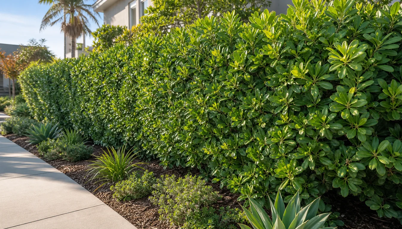 Pittosporum tobira hedge with glossy evergreen leaves beside a warm garden walkway