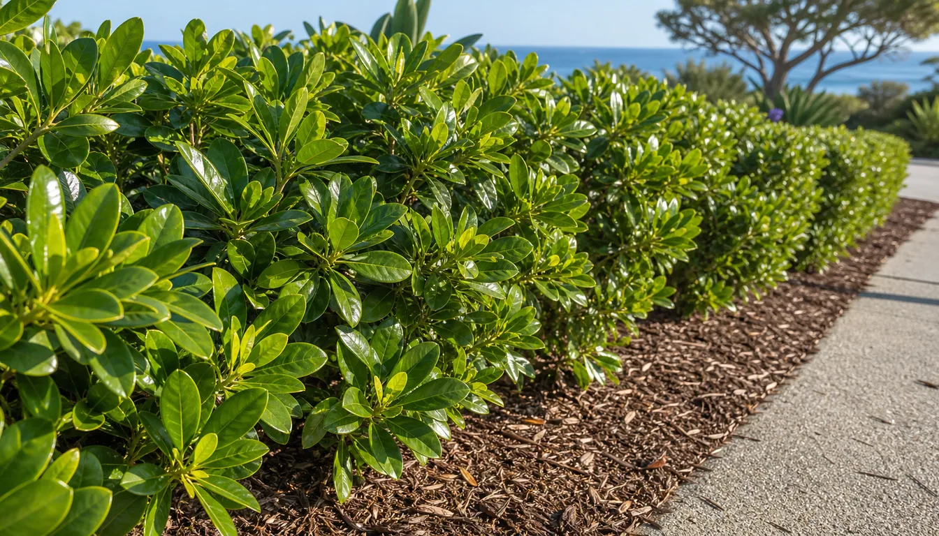 Healthy pittosporum leaves on a spaced evergreen hedge with mulch and open airflow