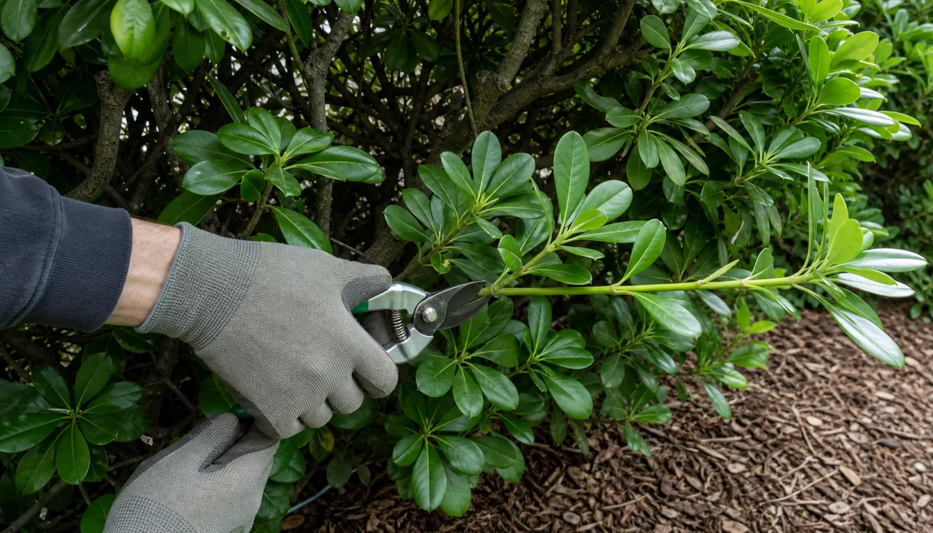 Hand pruners shortening a long pittosporum shoot back to a side branch inside the hedge