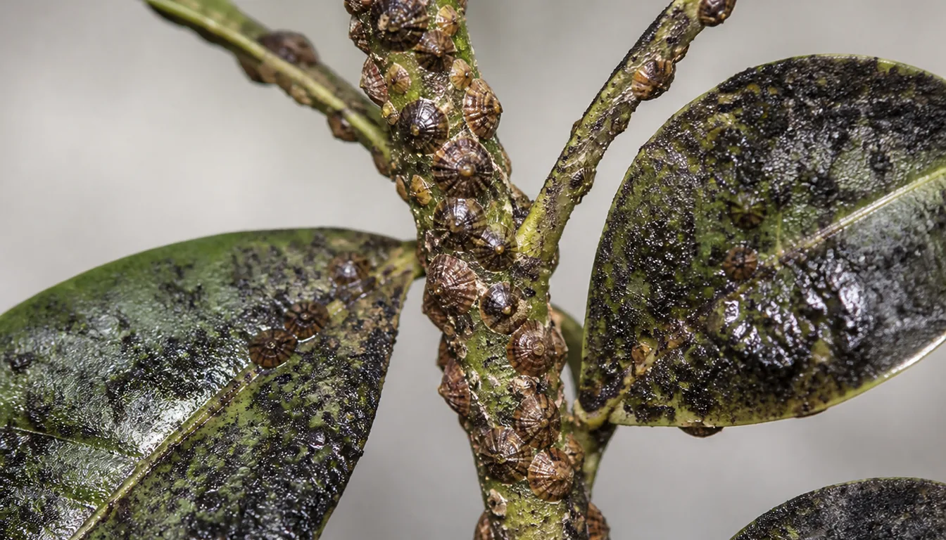 Hard brown limpet-like scale insects clustered along a pittosporum stem with black sooty mold and sticky residue on the leaves below