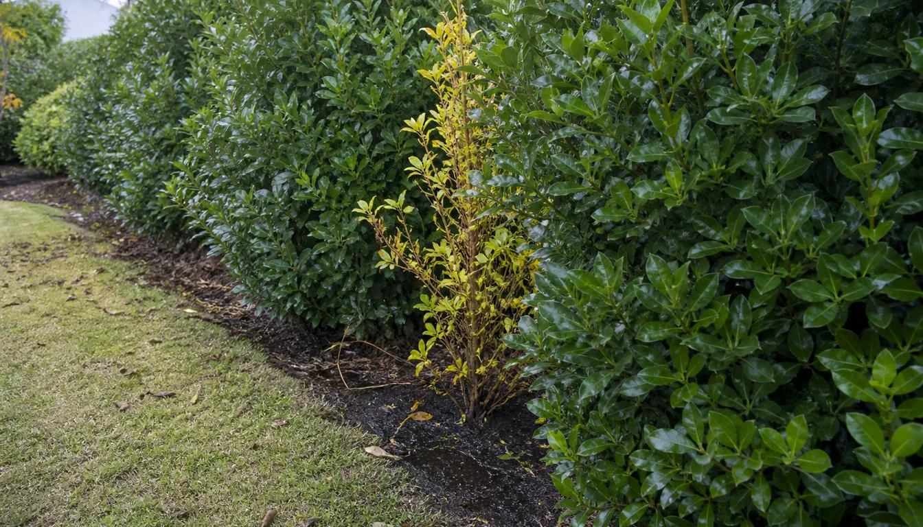 One thin yellow pittosporum in the middle of a hedge row of deep green shrubs, the soil at its base darker and wetter