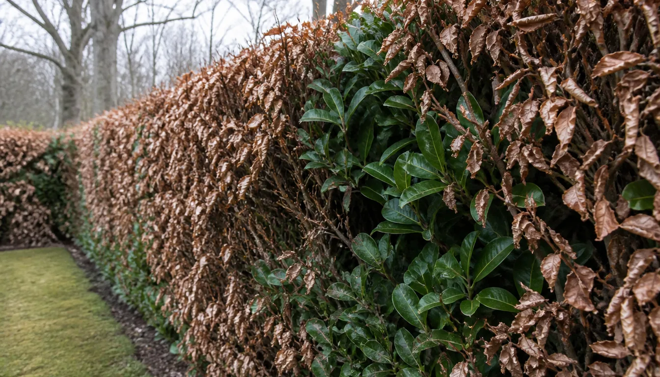 A pittosporum hedge with its outer leaves browned and dried after winter while the foliage deeper inside stays glossy green
