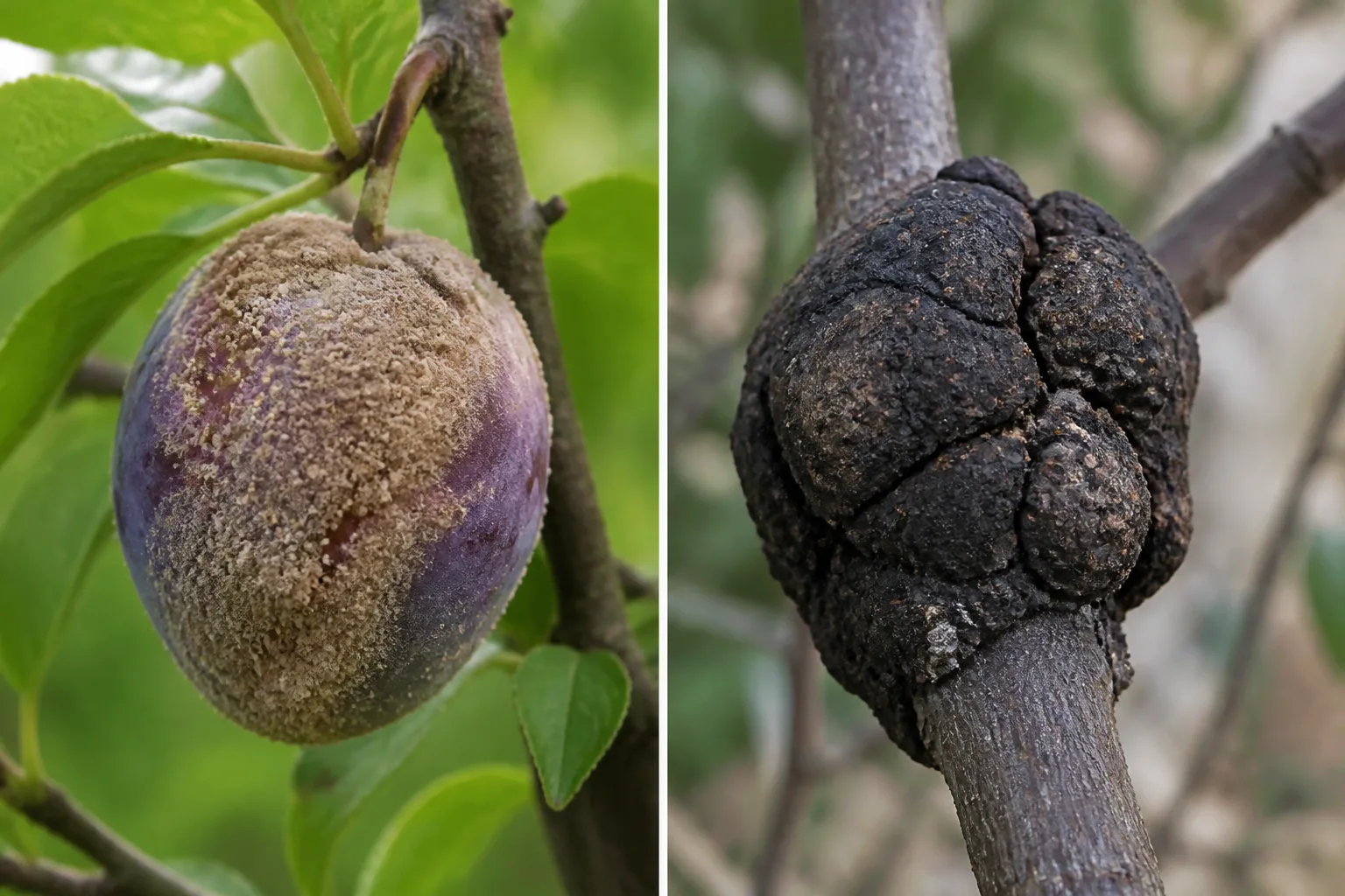 Side-by-side comparison of plum tree disease symptoms showing soft brown fuzzy rot covering a plum fruit on the left and a dark, hard, swollen black knot gall wrapped around a branch on the right