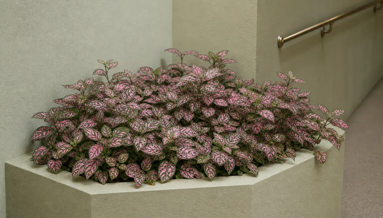 Dense pink-spotted Polka Dot Plant stems spread across a hexagonal wall planter