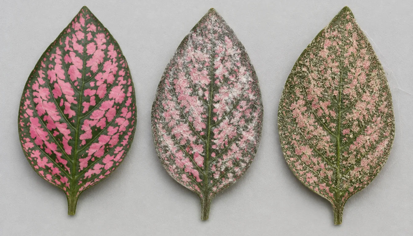 Three spotted leaves show clear pigmentation, a pale surface coating, and fine pale marks