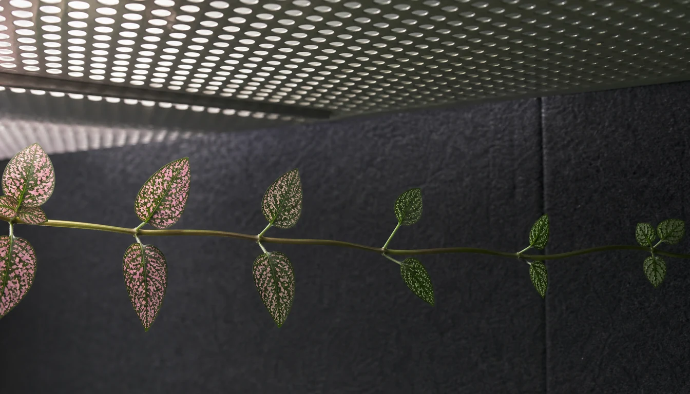 One Polka Dot Plant shoot crosses a perforated light screen as spots fade and node gaps widen in shade