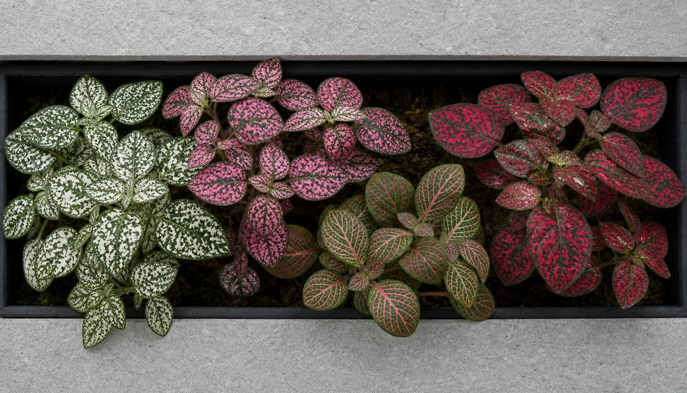 White, pink, and red spotted Polka Dot Plant leaves beside a veined Nerve Plant leaf