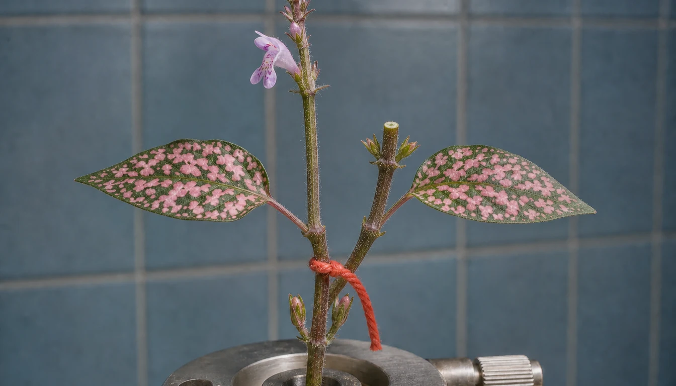 One Polka Dot Plant shoot holds a lilac flower while a neighboring shoot shows a fresh pinch cut and side buds