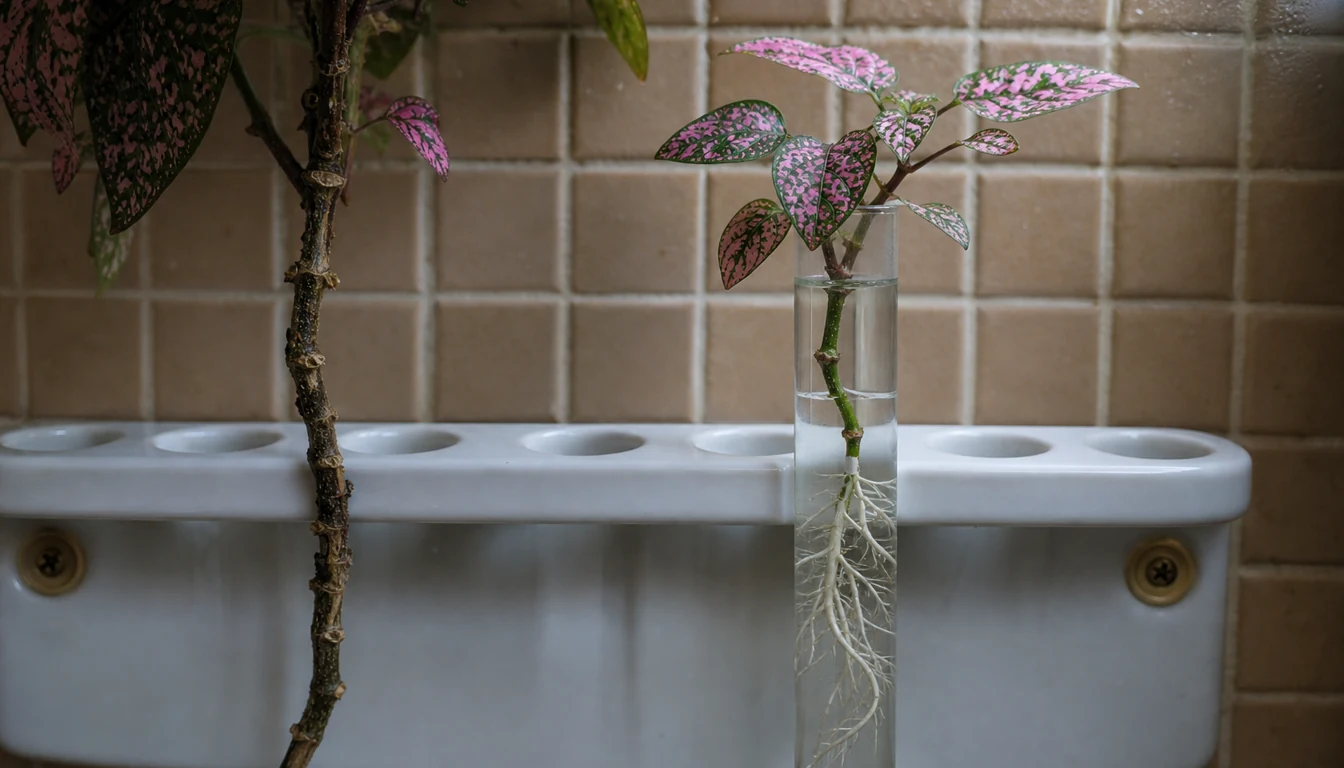 A bare Polka Dot Plant stem stands beside a rooted spotted tip in a clear tube