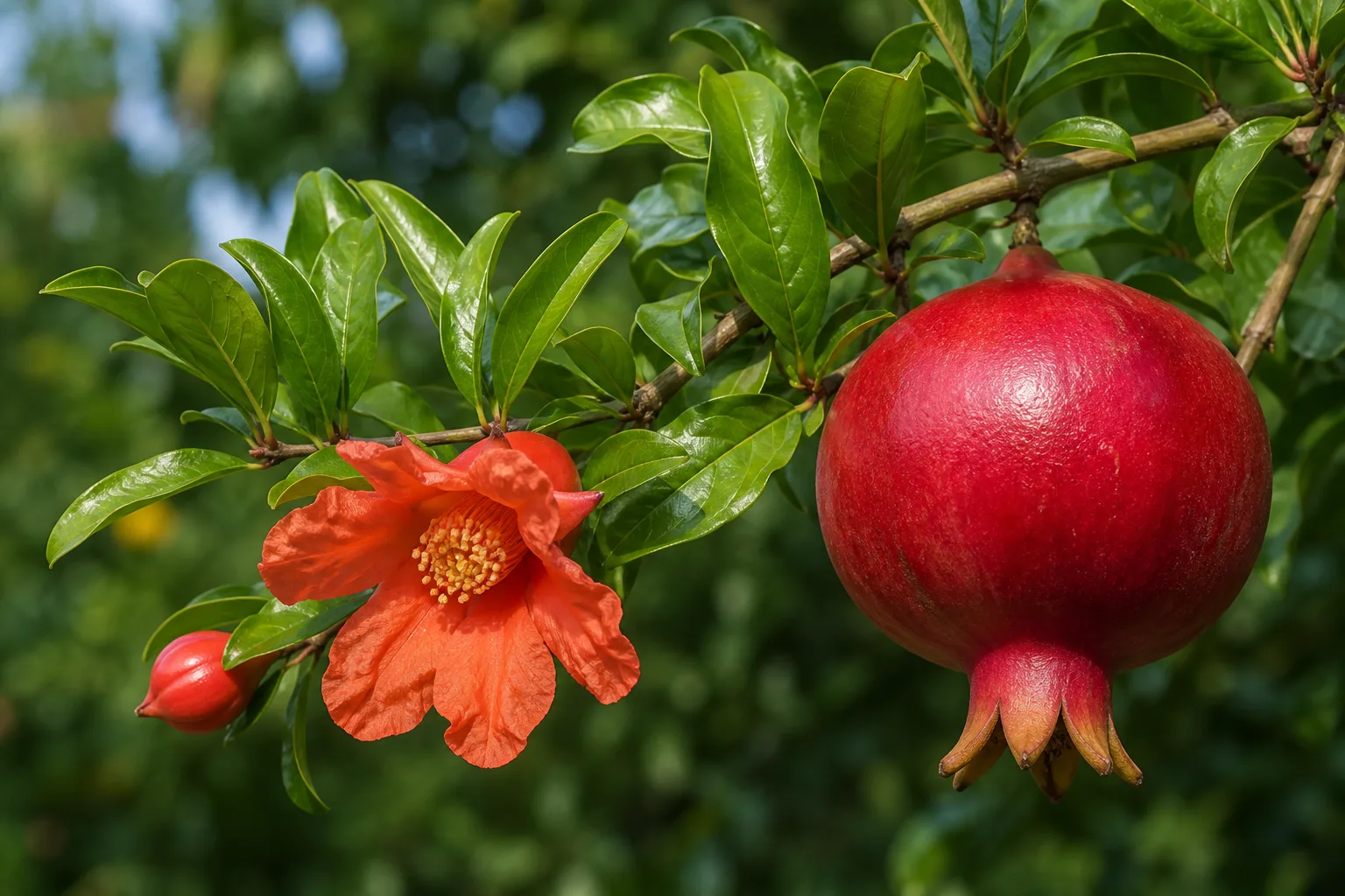 Pomegranate branch detail showing fruit and glossy leaves