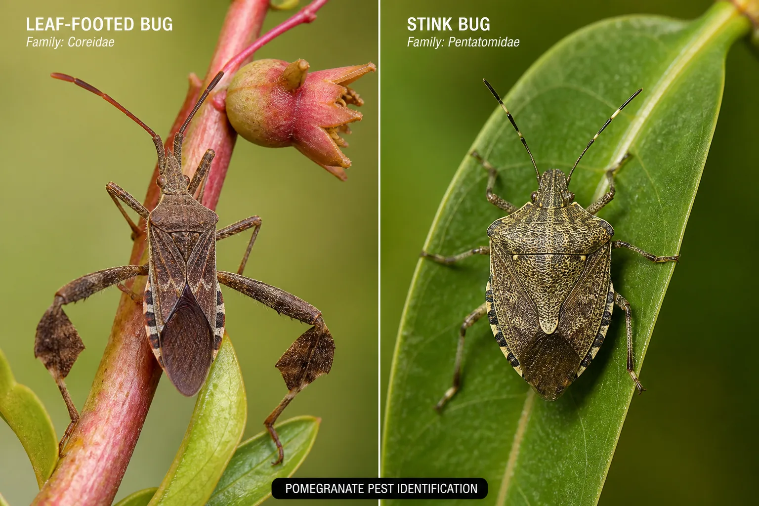 Close comparison of a leaf-footed bug with flared leaf-like hind legs beside a plain shield-shaped stink bug on a pomegranate stem