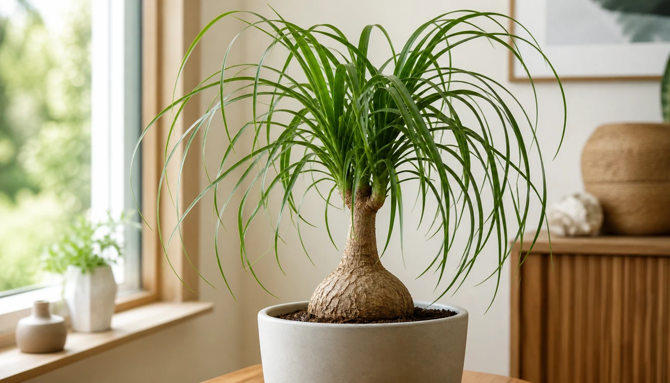 Ponytail Palm houseplant with a swollen caudex and cascading leaves in a pot.