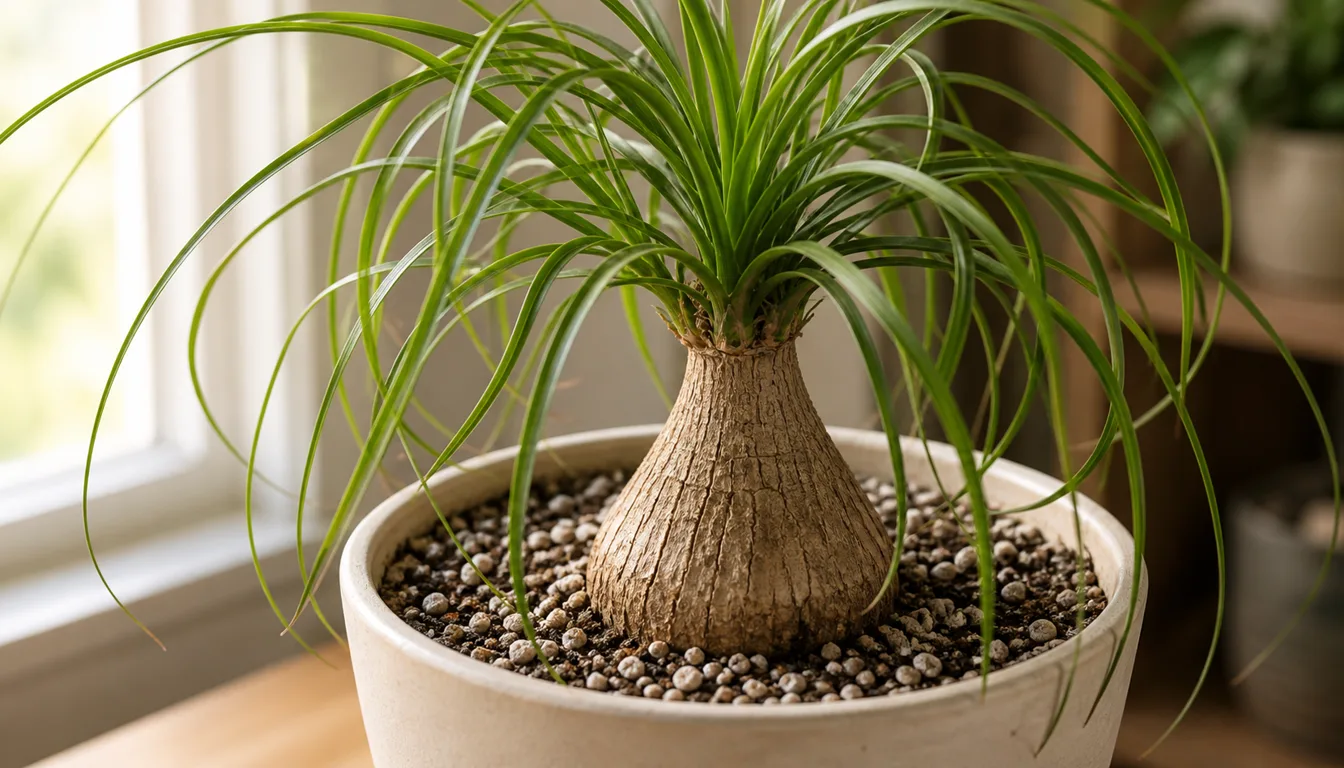Ponytail Palm caudex sitting slightly above the soil line with leaves cascading from the crown.