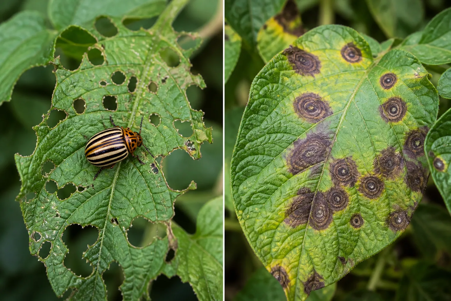 Close comparison of ragged Colorado potato beetle chewing damage on a potato leaf beside dark brown concentric-ringed early blight spots on another potato leaf