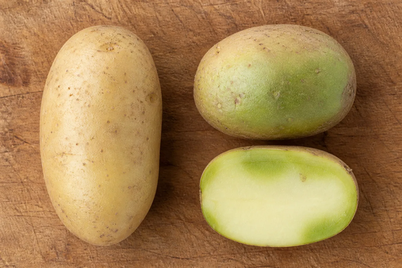 A normal pale brown potato beside one with a green tinge spreading under the skin, with a cut face showing the green layer just beneath the surface