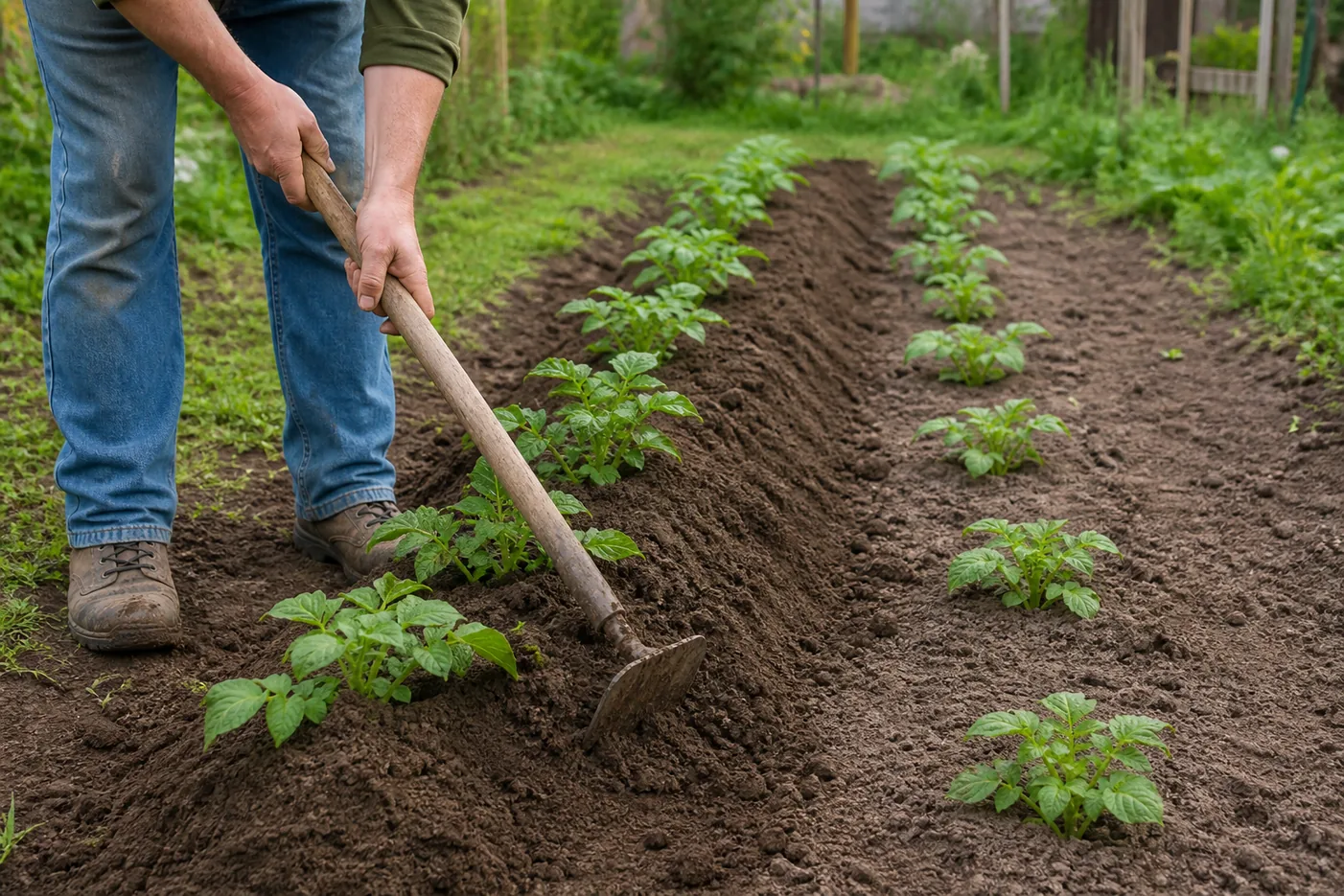 A gardener drawing soil up around young potato stems with a hoe, one length of row already ridged and the next still flat