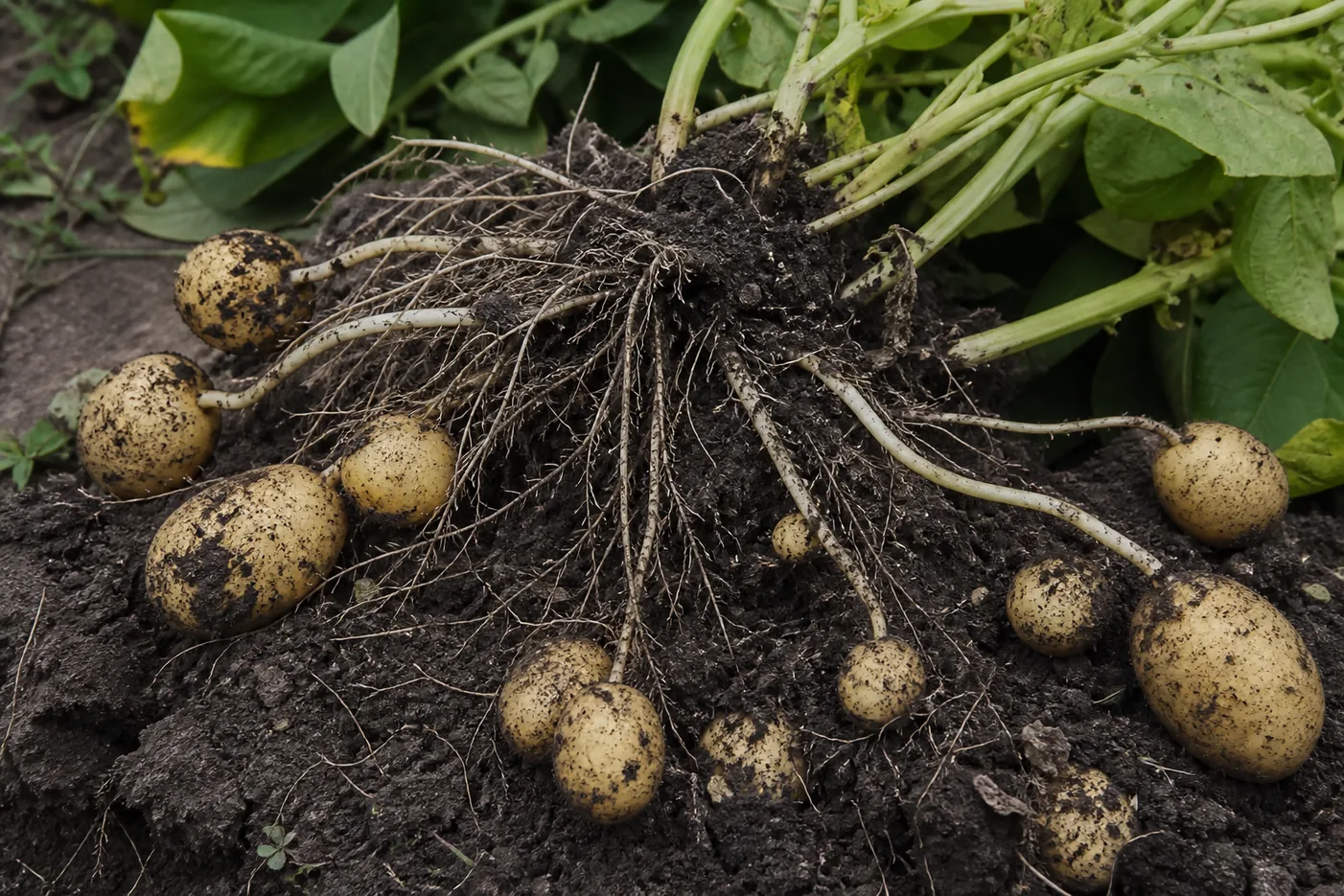 A lifted potato plant on its side showing fibrous roots and pale underground stems running sideways with potatoes attached along those stems