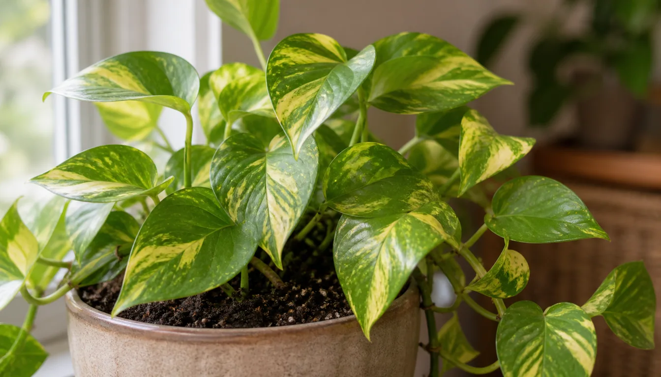 Pothos growing indoors with visible leaves and potting mix