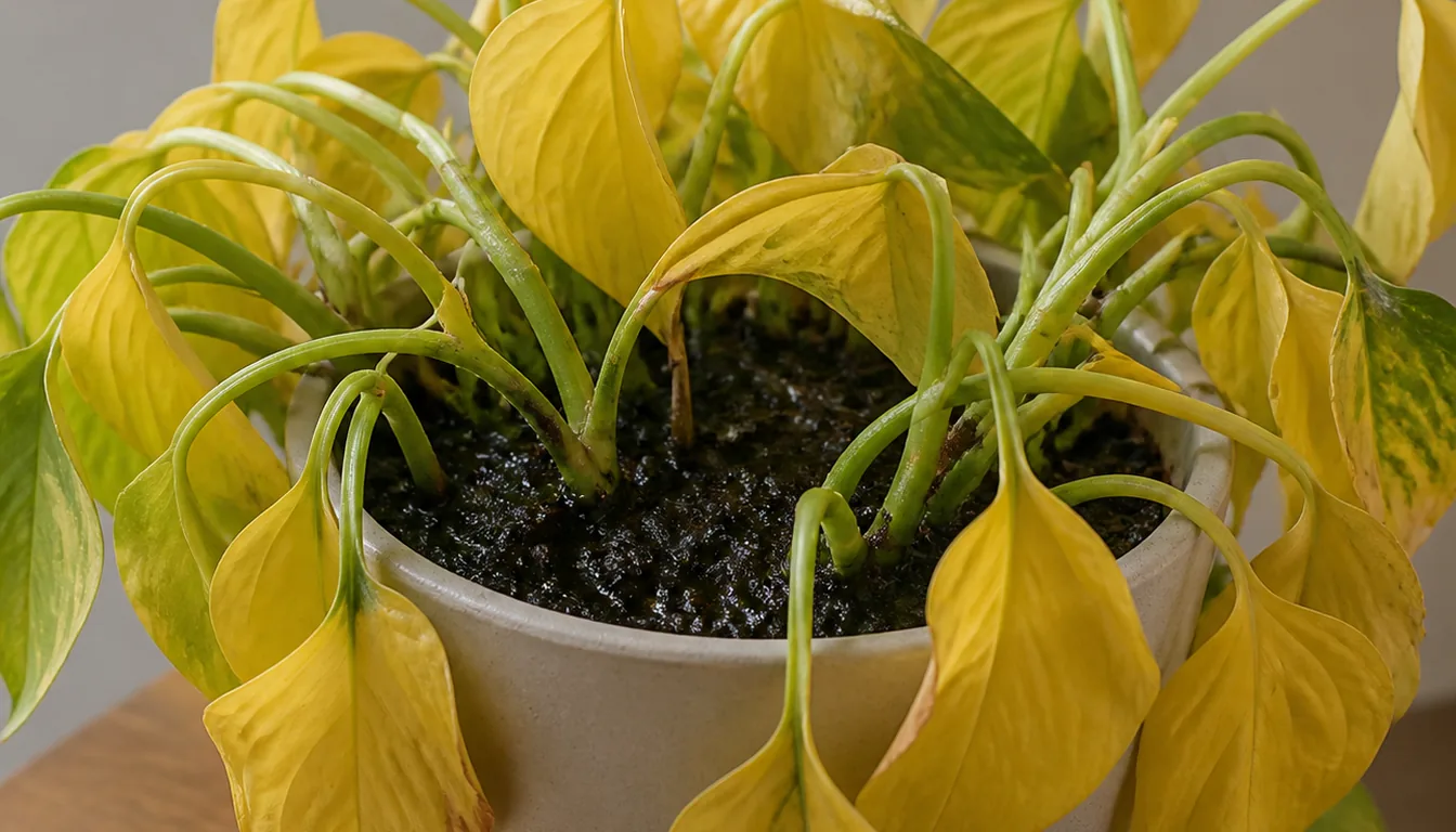 Several yellow, drooping pothos leaves above dark, visibly wet potting mix