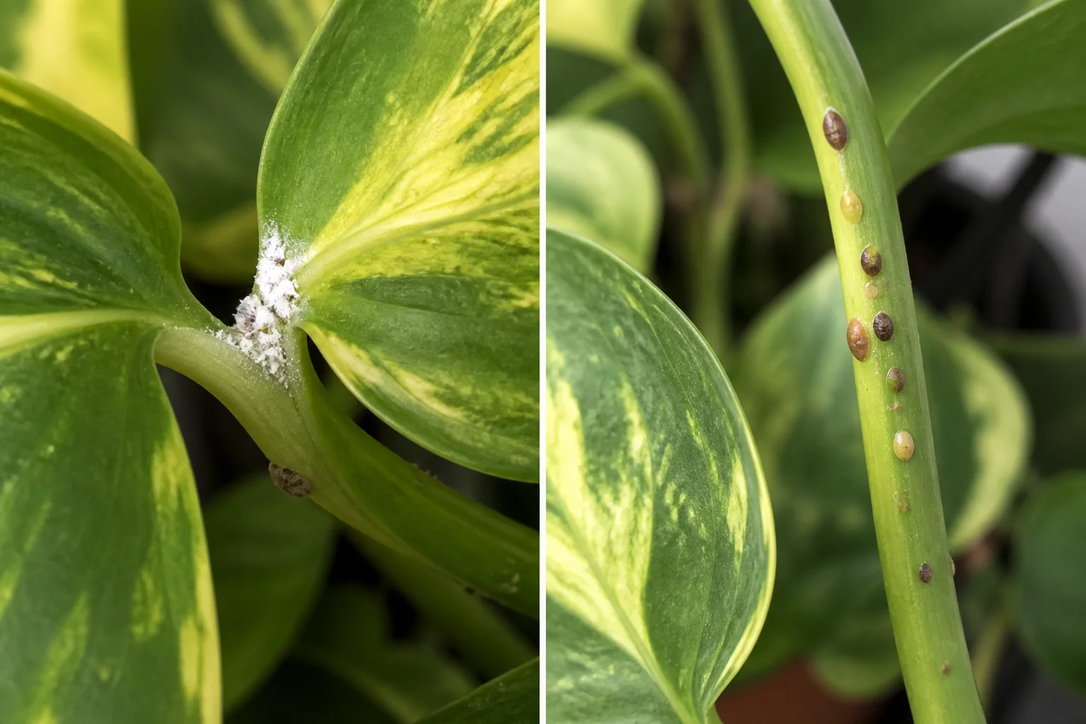 Side-by-side Golden Pothos comparison showing a cottony white mealybug cluster at a leaf joint next to hard tan and brown scale insect bumps along a stem