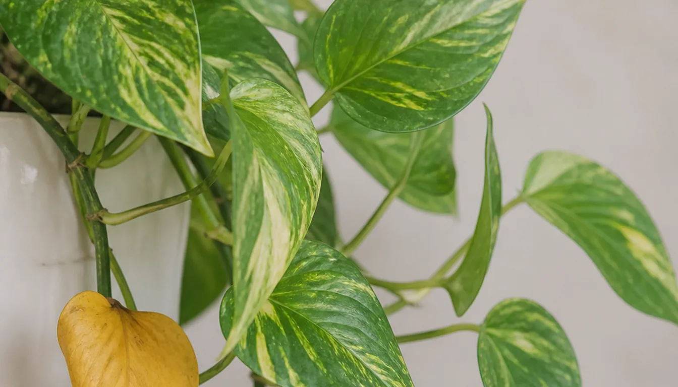 One yellow leaf below several green-and-gold pothos leaves near a pot