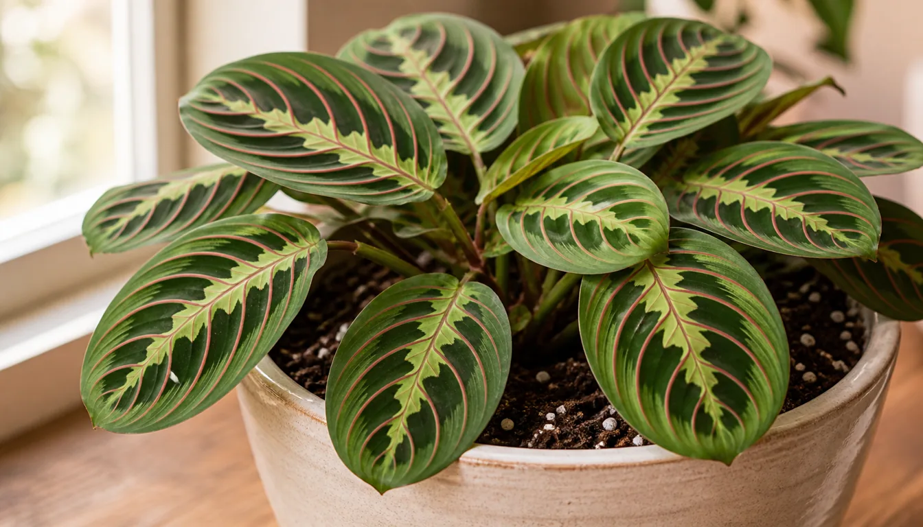Prayer Plant growing indoors with visible leaves and potting mix.
