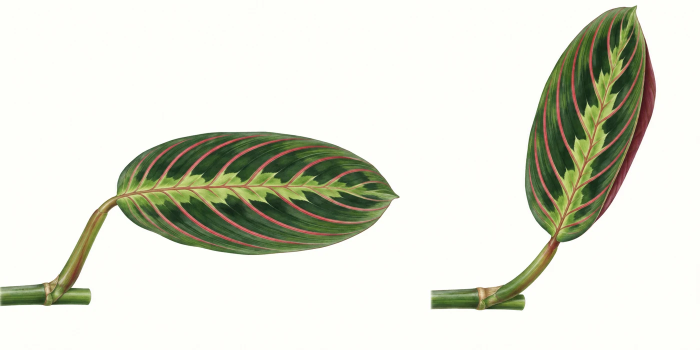 Botanical illustration of a flat red-veined Prayer Plant leaf held horizontally at left and raised upright at right