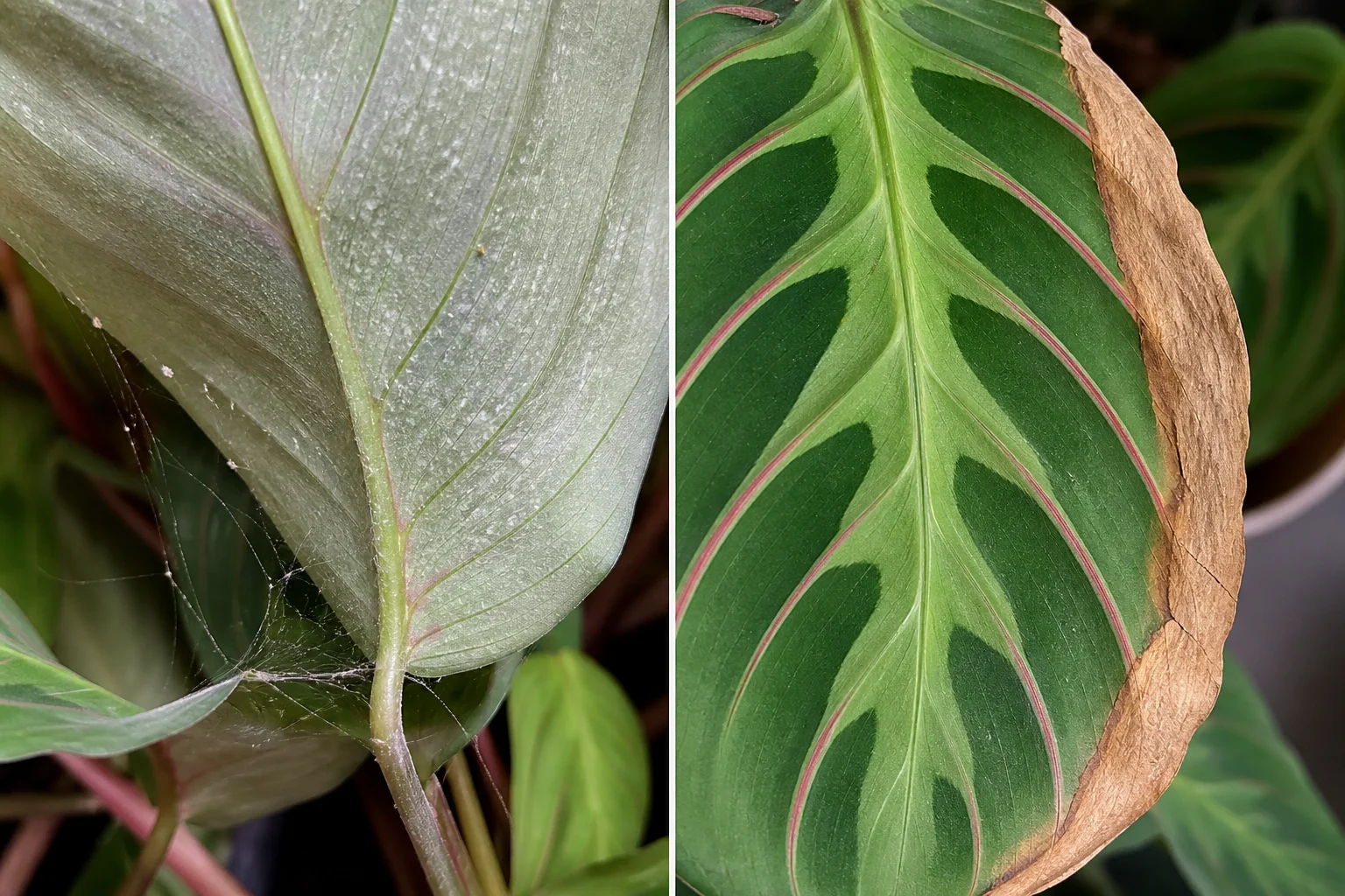 Side-by-side Prayer Plant leaf comparison showing fine spider mite stippling and webbing on one leaf next to a clean leaf with a crispy dry brown margin