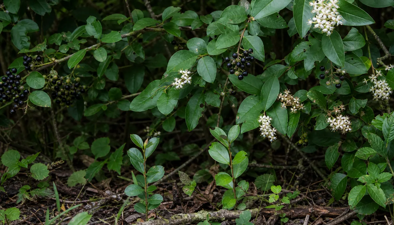 Privet branches with opposite oval leaves, white flower clusters, glossy black berries, and young seedlings below