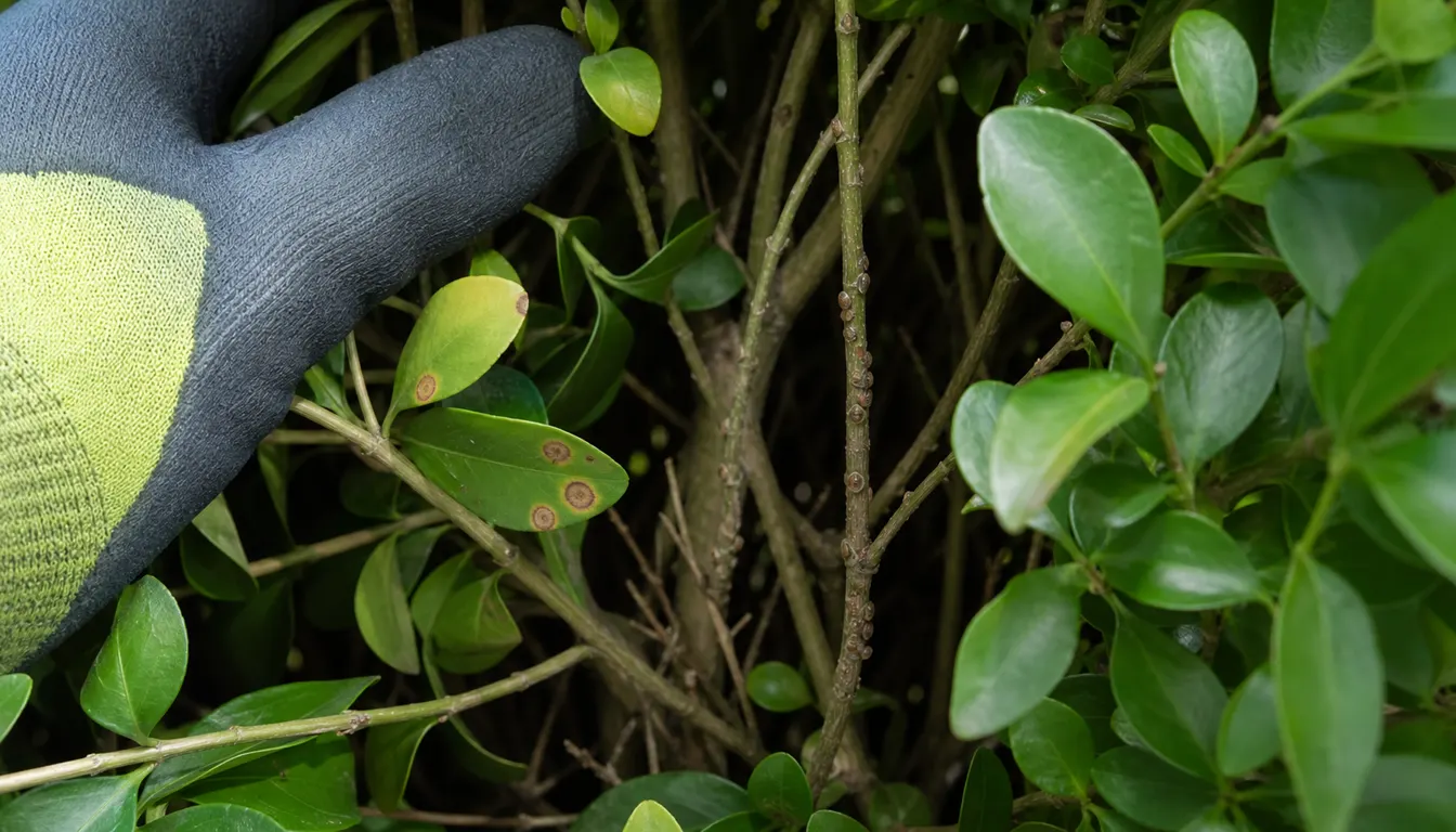 Gloved hand opening a dense privet hedge to reveal brown scale insects on a stem and circular tan leaf spots