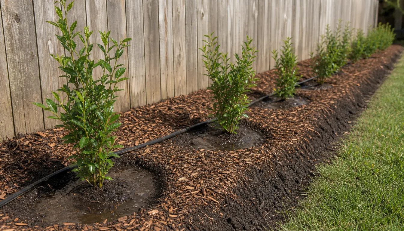 Newly planted privet hedge row with visible spacing, shallow watering basins, drip line, and mulch kept off the stems