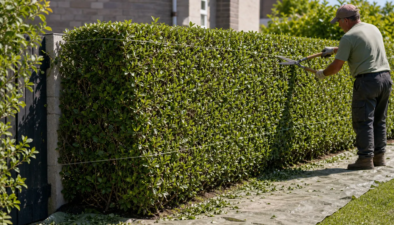 Gardener clipping a privet hedge against guide strings so the base stays wider than the top