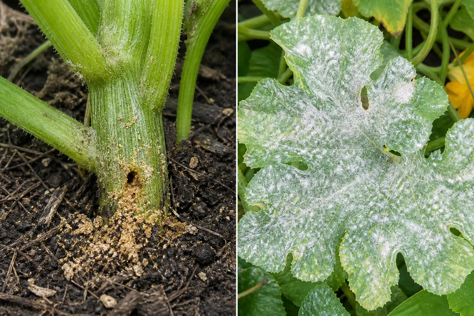 Side-by-side pumpkin comparison showing sawdust-like frass at a vine stem base from squash vine borer damage beside a leaf coated in white powdery mildew
