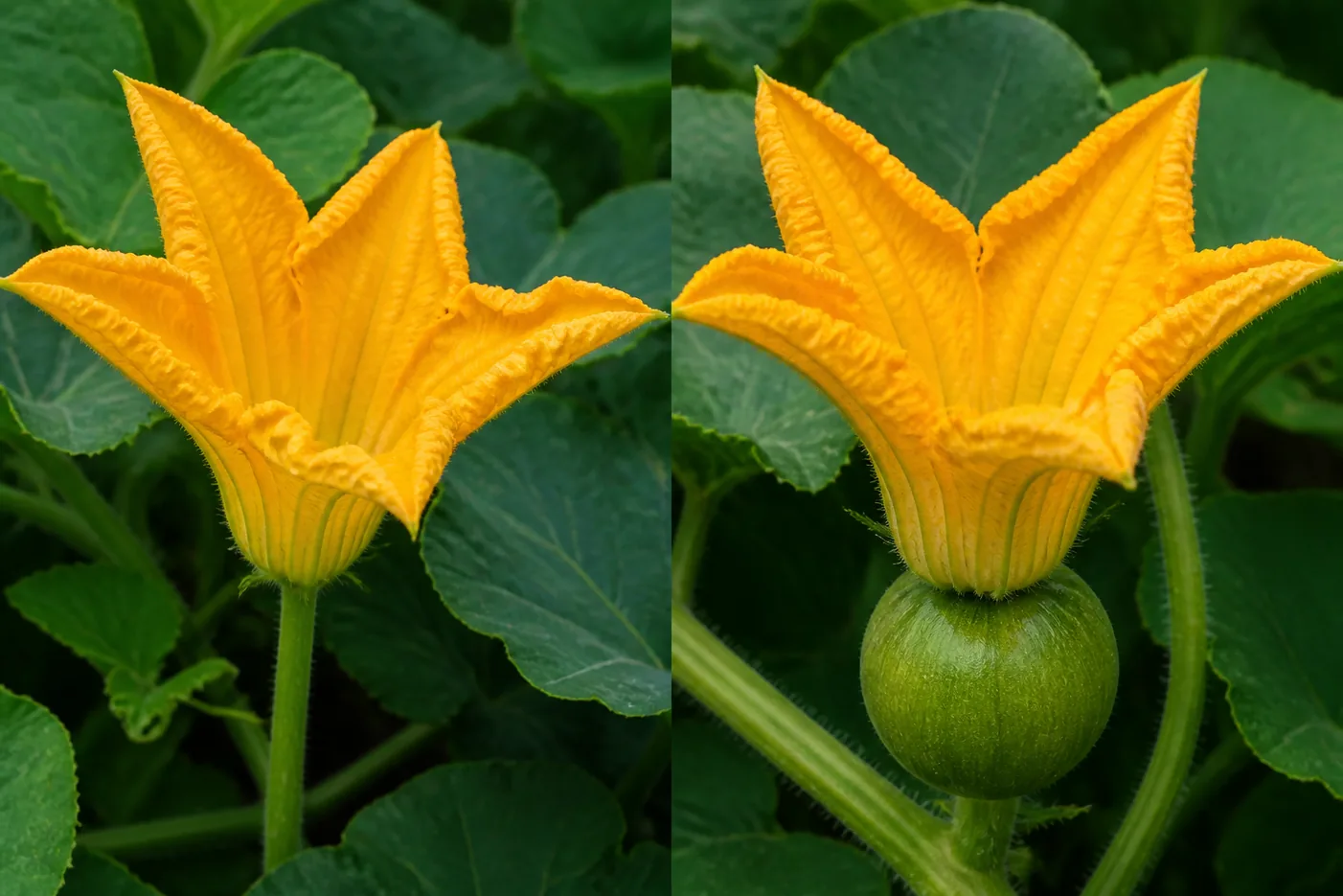 A male pumpkin flower on a plain slender stem beside a female flower with a small round green pumpkin swelling behind the petals